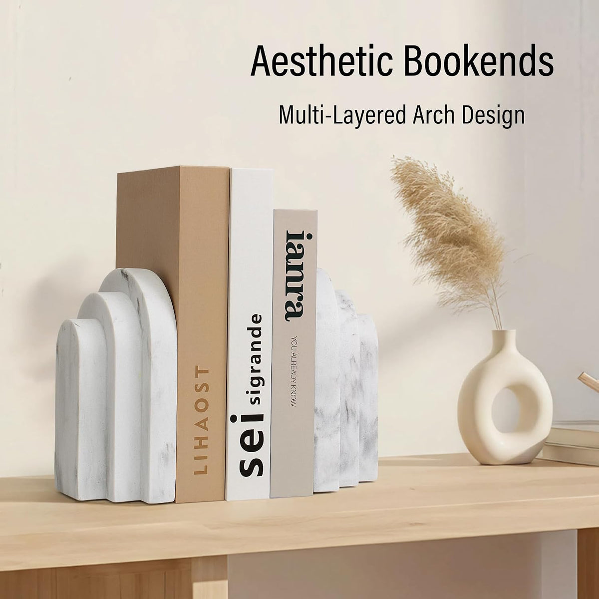LIN CHUAN Heavy Duty Bookends for Shelves, Set of 2, Marble White Look