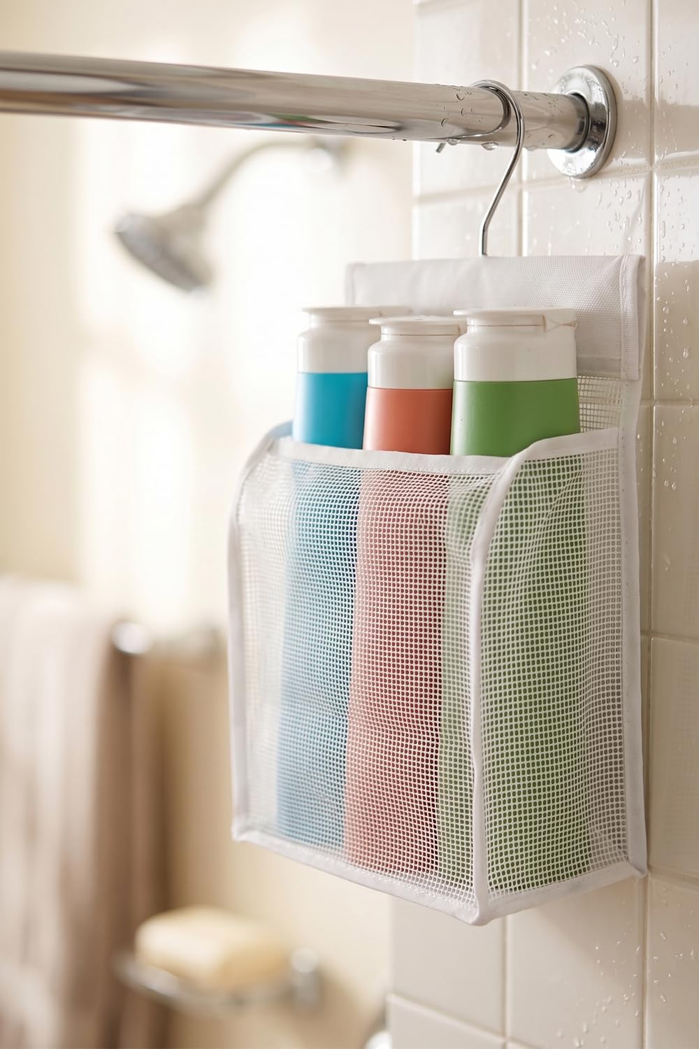 ALYER Hanging Mesh Shower Caddy Organizer Bathroom Storage Bag with Hooks for College Dorm, Gym, Swimming,RV and Travel,White