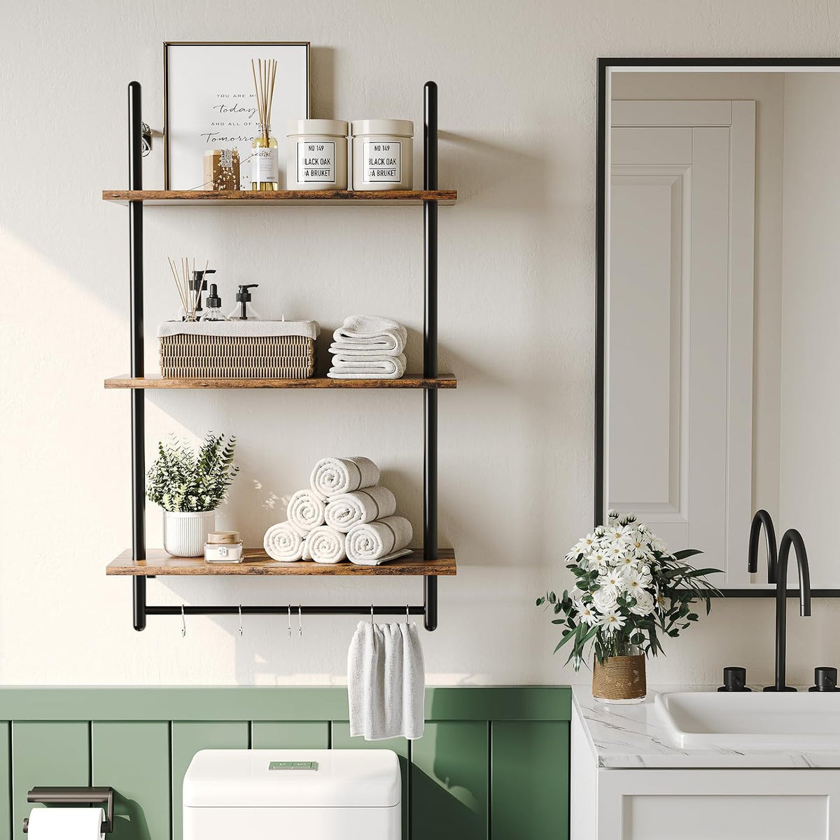Bestier 24 Inch 3 Tier Industrial Pipe Shelves with Towel Bar, Rustic Brown