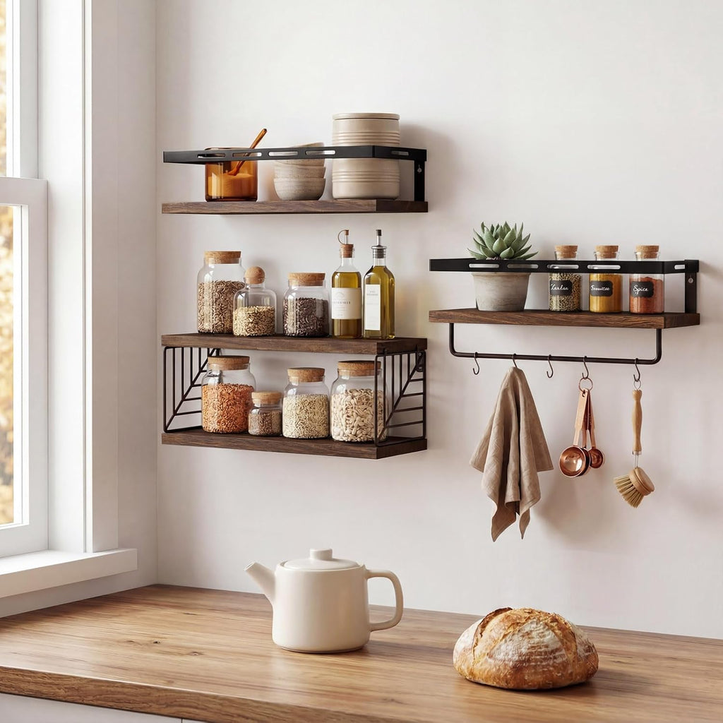 Fixwal Wall Mounted Bathroom Shelves Over Toilet (3+1 Dark Brown)