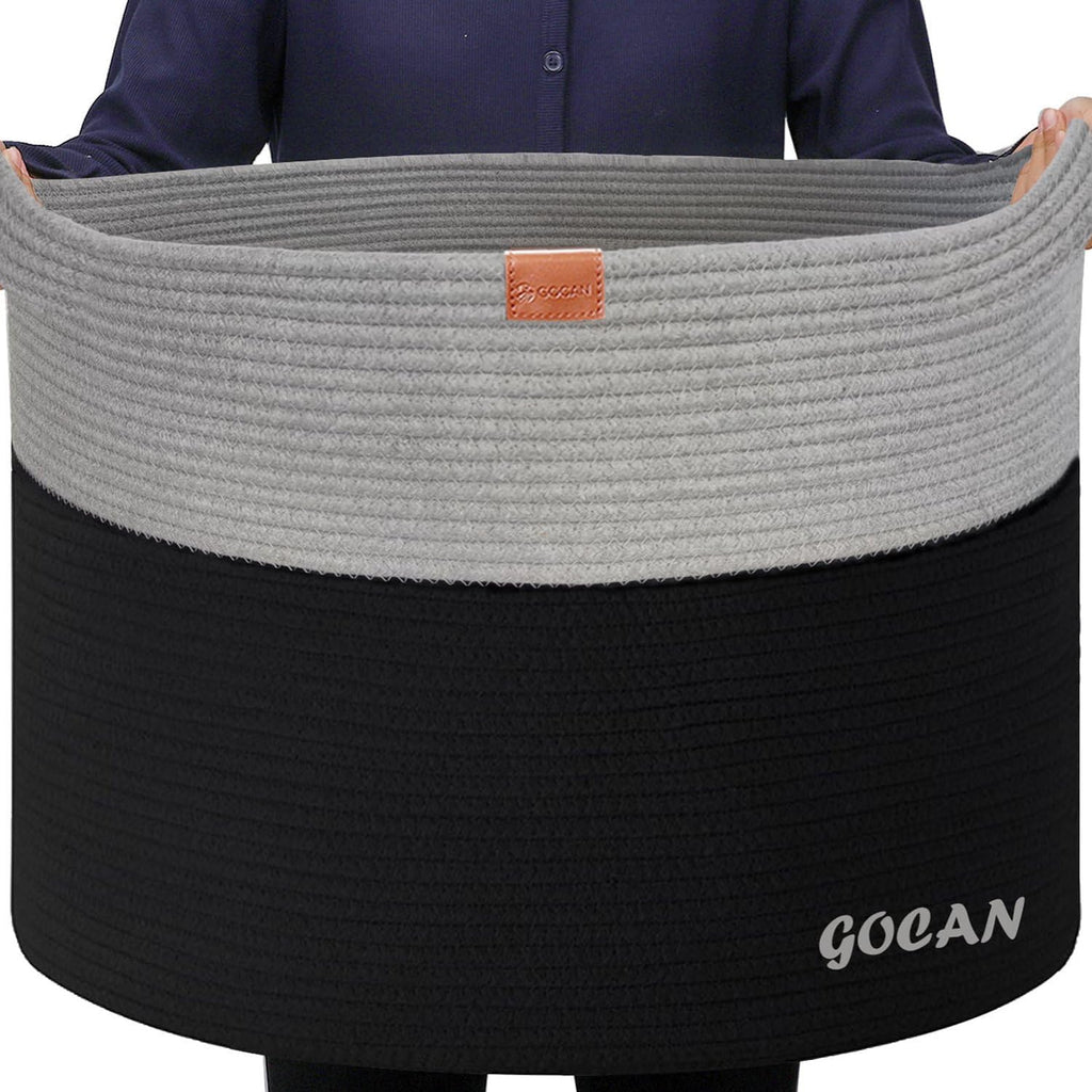 Cotton Rope Woven Laundry Basket 22"X 22"X 14" with handles(Black-Grey)XXXL