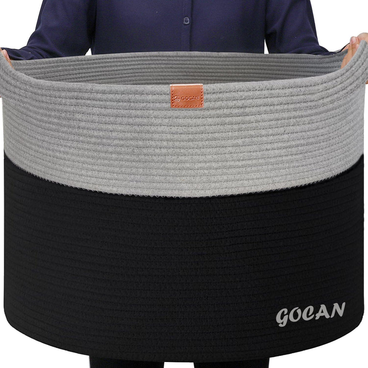 Cotton Rope Woven Laundry Basket 22"X 22"X 14" with handles(Black-Grey)XXXL
