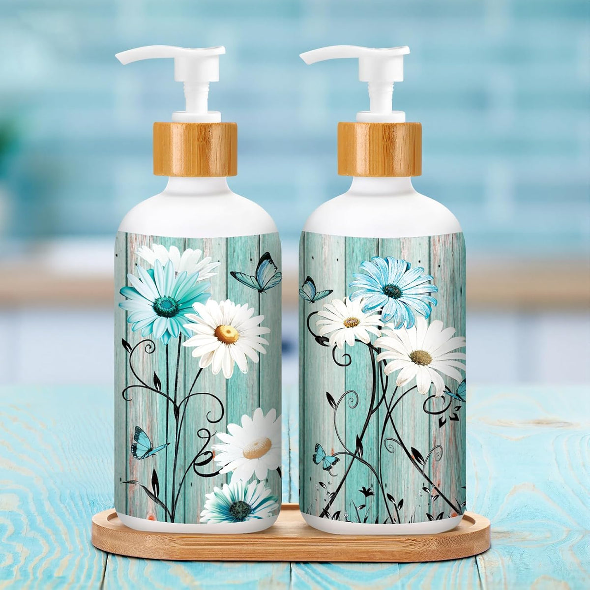 Potchen 2 Pack Glass Soap Dispenser Set Bathroom Decor Housewarming Gift Glass Soap Dispenser with Pump Wood Tray Home Decoration for Kitchen Bathroom (Teal Daisy)