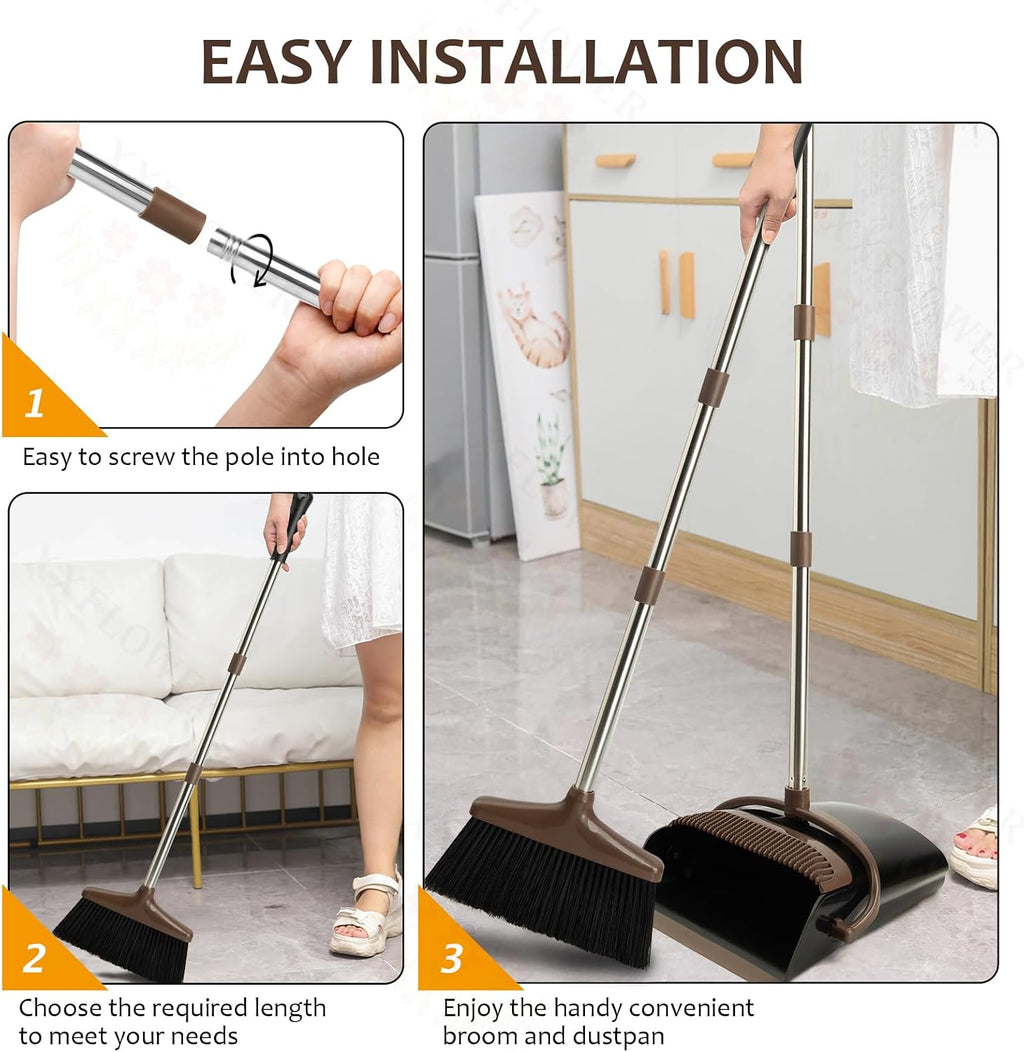 Broom and Dustpan Set with Long Handle, Light Weight Stainless Steel Poles Stand Upright Dustpans with Broom Combo for Home Kitchen Office Pet Dog Hair, 1-Pack (Black Brown)
