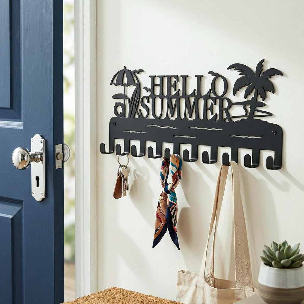 Metal Key Holder Wall Mount, Coastal Beach Key Rack Hooks, Hello Summer