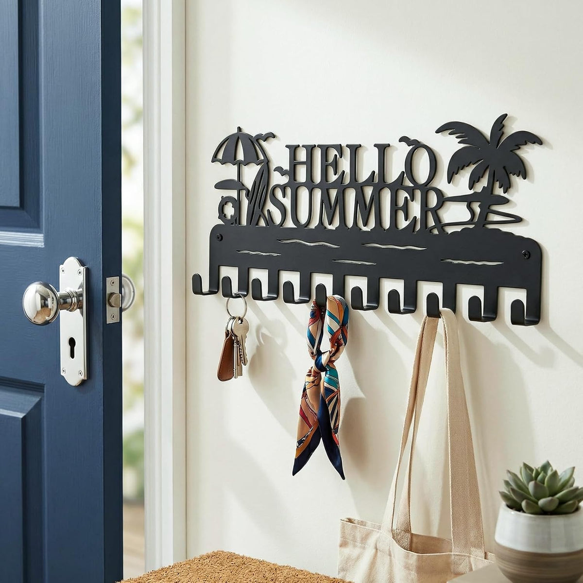 Metal Key Holder Wall Mount, Coastal Beach Key Rack Hooks, Hello Summer