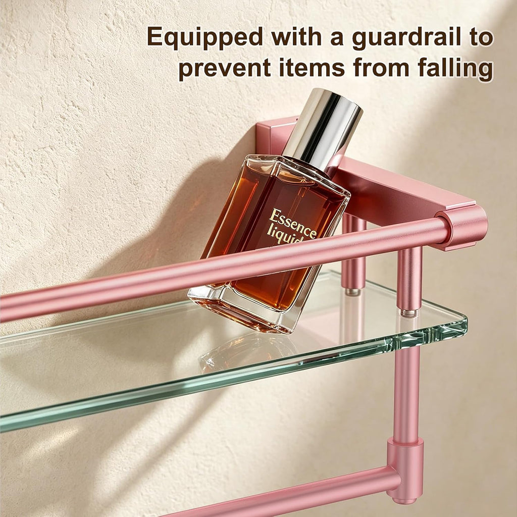 Bathroom Glass Shelf Towel Rack Shelf Glass Organizer Wall-Mounted Bathroom Storage SUS304 Stainless Steel Towel bar/Track Wall-Mounted Tempered Glass Stainless Steel Shelf (Pink, 16‘’ with Railing)