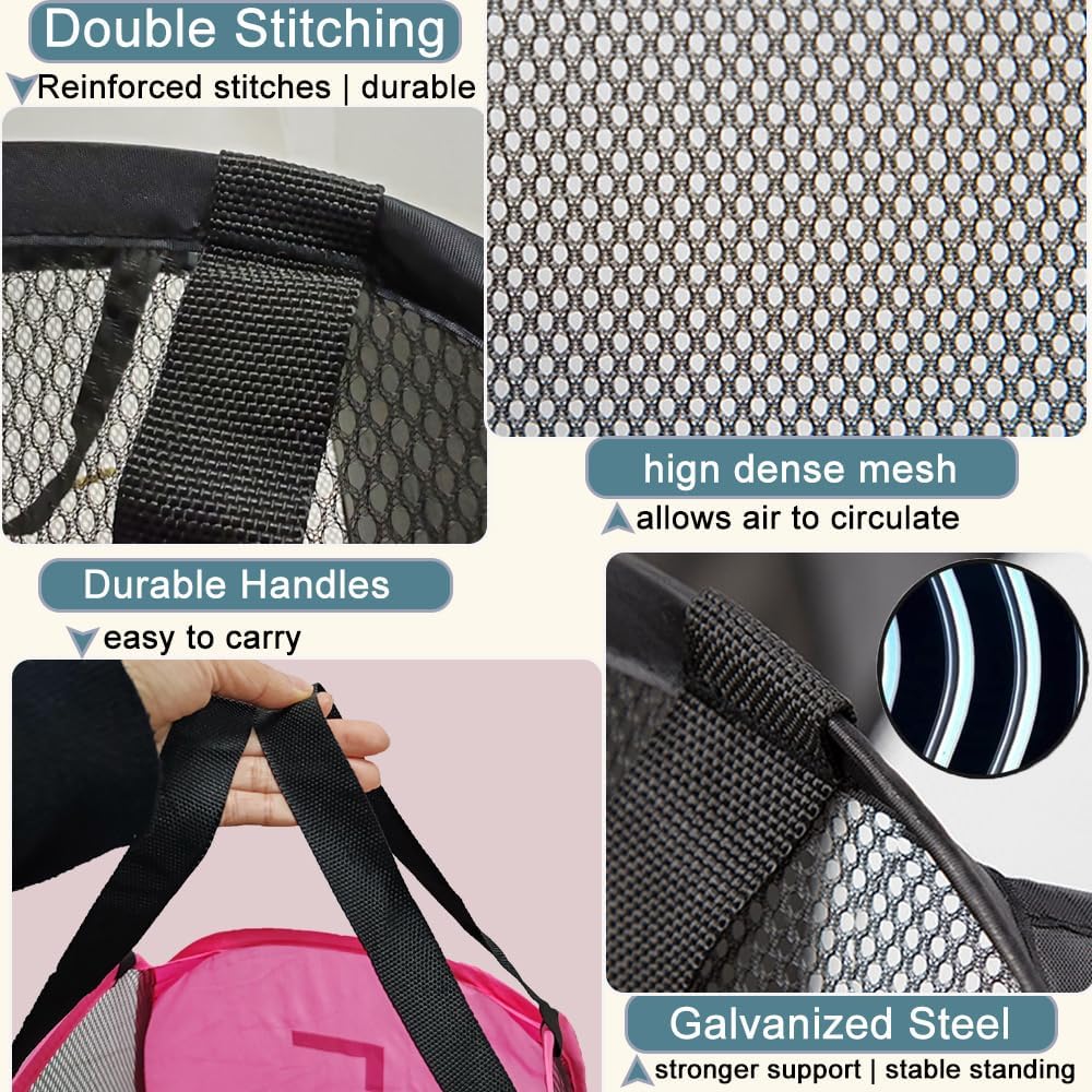 Pack of 2 Mesh Pop Up Hampers Collapsible Laundry Baskets for Dirty Clothes Storage With Side Pocket for Students, College Dorm, Apartment (Grey+Pink)