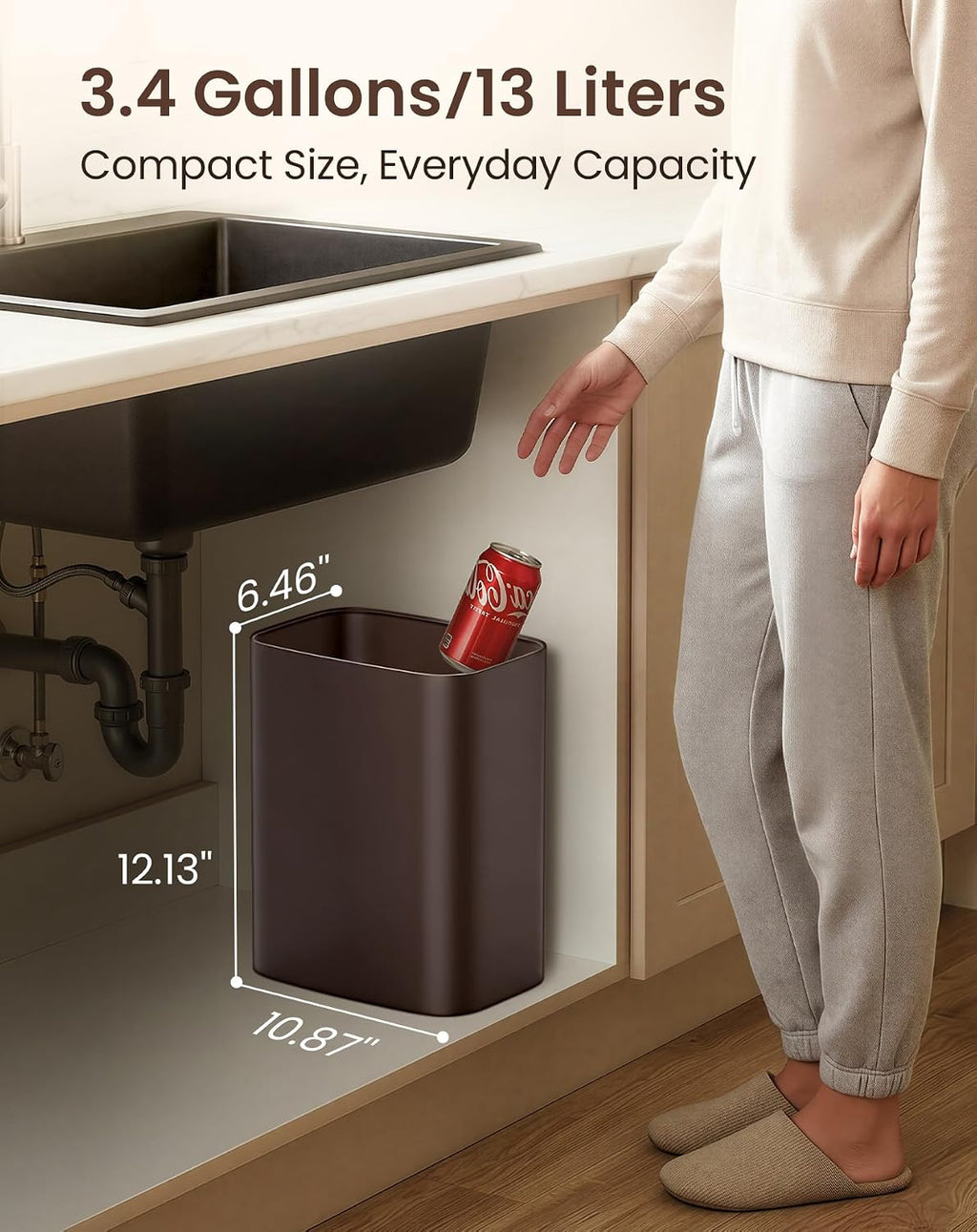 Cesun 3.4 Gallons Bathroom Trash Can, Small Under Sink Wastebasket, Brown