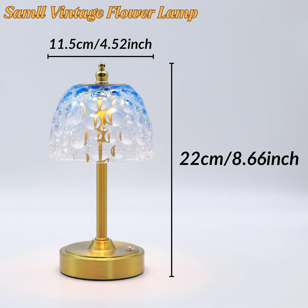 Cordless Rechargeable Table Lamp, Vintage Art Glass Shade, Dimmable, Blue