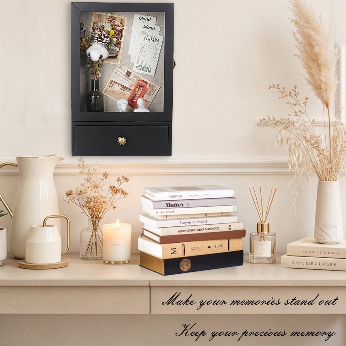 Butizone Shadow Box Frame, 3.2” Deep Shadow Box Display Case with Real Glass and Drawer, Rustic Wood Memory Boxes for Pictures, Flowers, Memorial, Medals, Wedding Bouquet for Wall or Tabletop, Black
