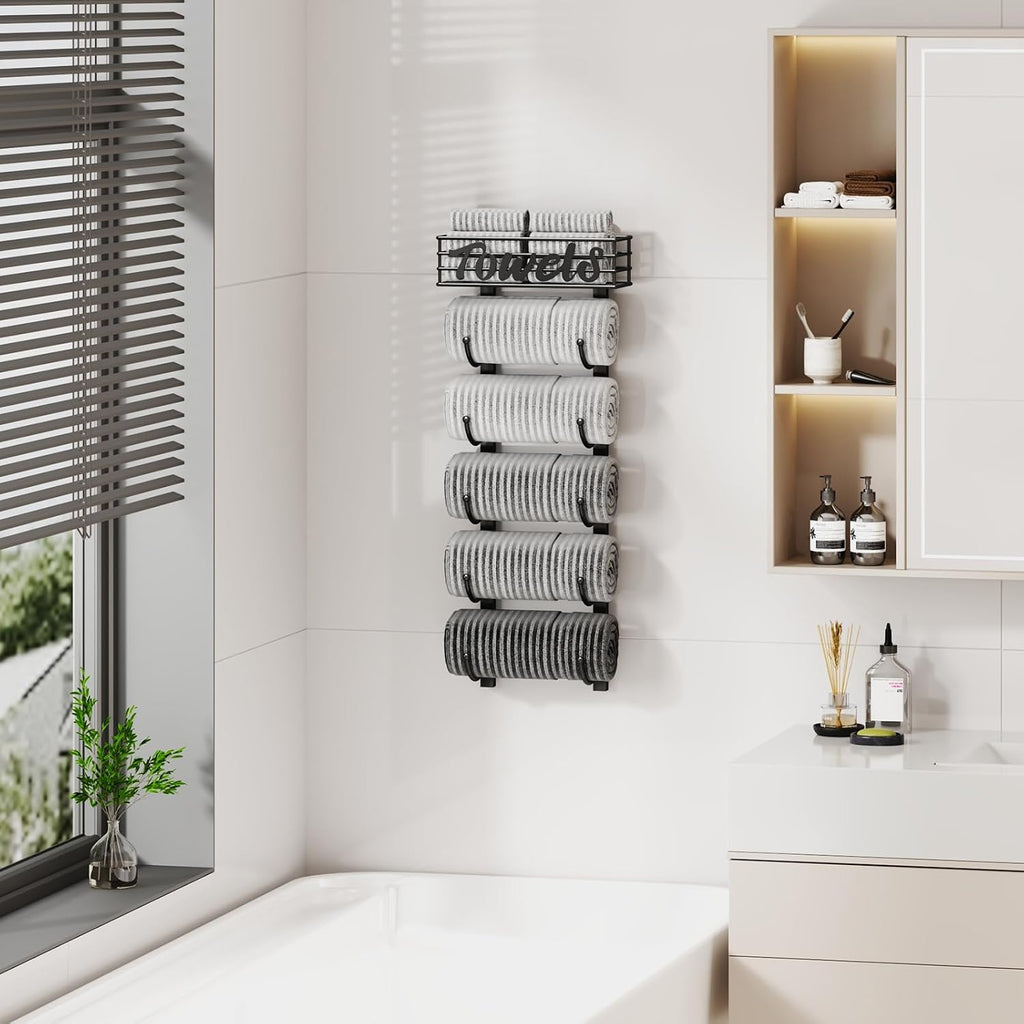 SWTYMIKI Hanging Towel Racks for Bathroom - 6 Tier Over The Door & Wall Mounted Bath Rolled Towel Storage Organizer Holder for Small Bathroom, RV, Camper, Black (Patented)