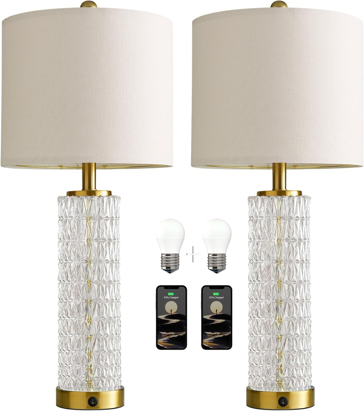 Oneach 27.75" Gold Table Lamps Set of 2 with Crystal Nightlight for Bedside