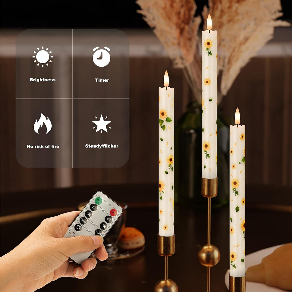 JOIONE Sunflower Flameless Taper Candles with Remote, 3 Pack Home Decor