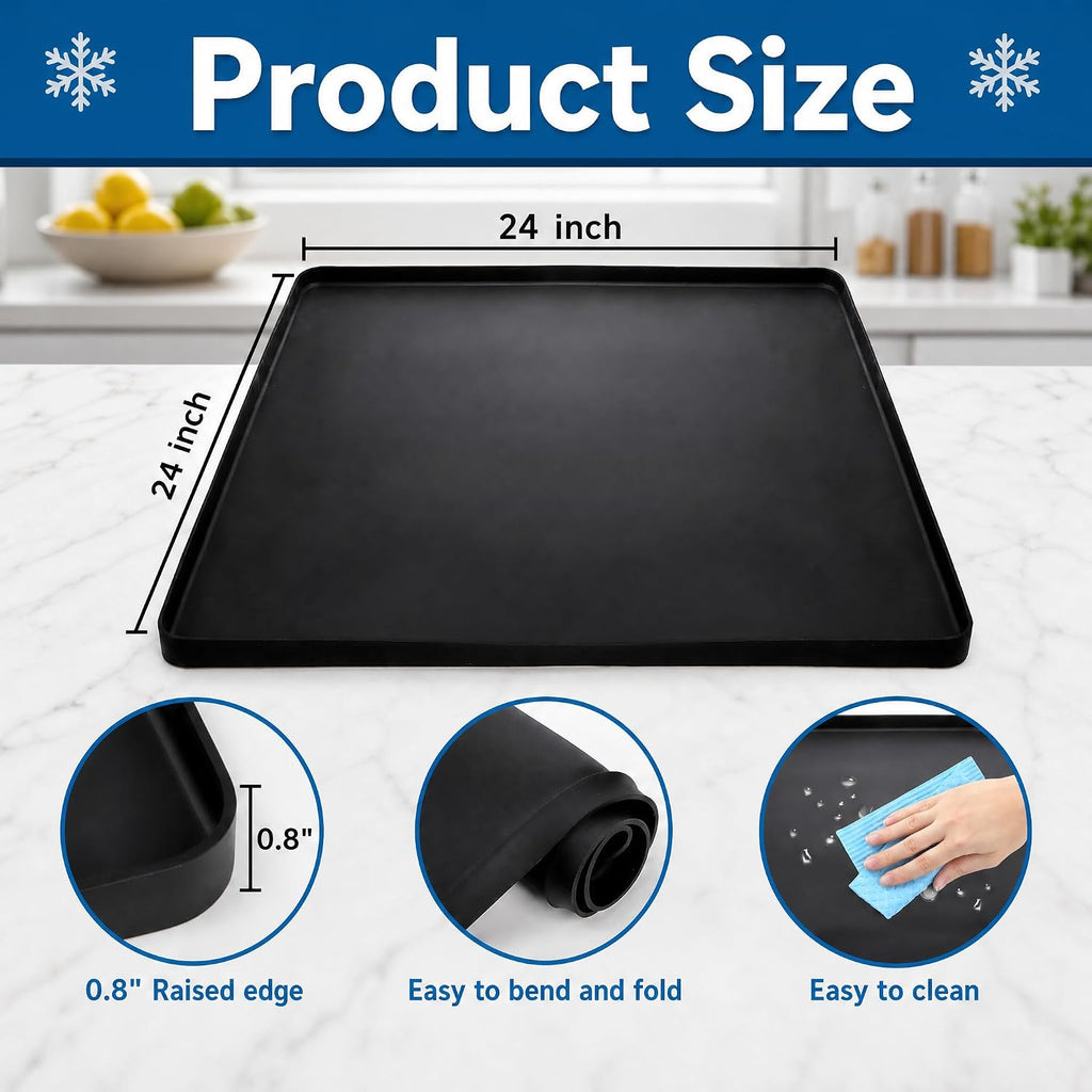 Fasmov Mini Fridge Silicone Mat with Raised Edges, 24''x24''x0.8'', Refrigerator Floor Protector Mat, Under Refrigerator Mat Mini Fridge Drip Pan Prevents Appliance Leakage Water Spills, Black