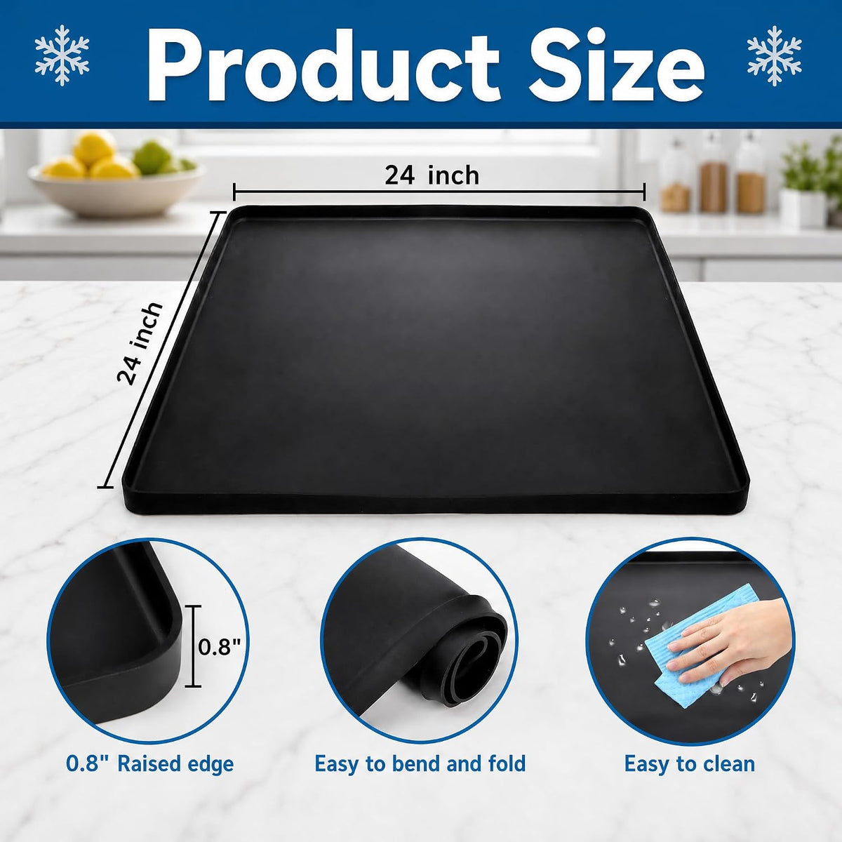 Fasmov Mini Fridge Silicone Mat with Raised Edges, 24''x24''x0.8'', Refrigerator Floor Protector Mat, Under Refrigerator Mat Mini Fridge Drip Pan Prevents Appliance Leakage Water Spills, Black