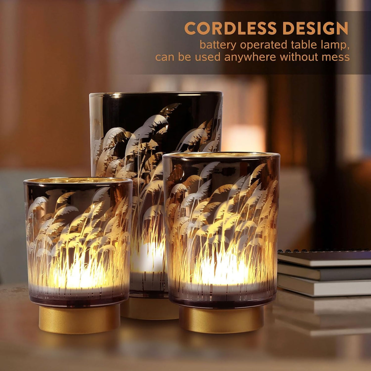 Eywamage Small Battery Operated Table Lamp with Remote Timer, Pampas Glass Cordless Accent Lamp for Bedroom Kitchen Living Room