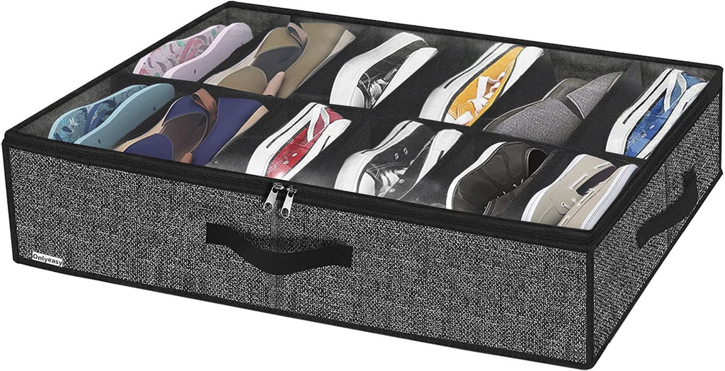 Onlyeasy Under Bed Shoe Storage Organizer with Sturdy Handles and Clear Window 1 Pack Fits 12 Pairs, Premium Foldable Underbed Shoes Container Box for Closet, Linen-like Black, MXAUBSB1P