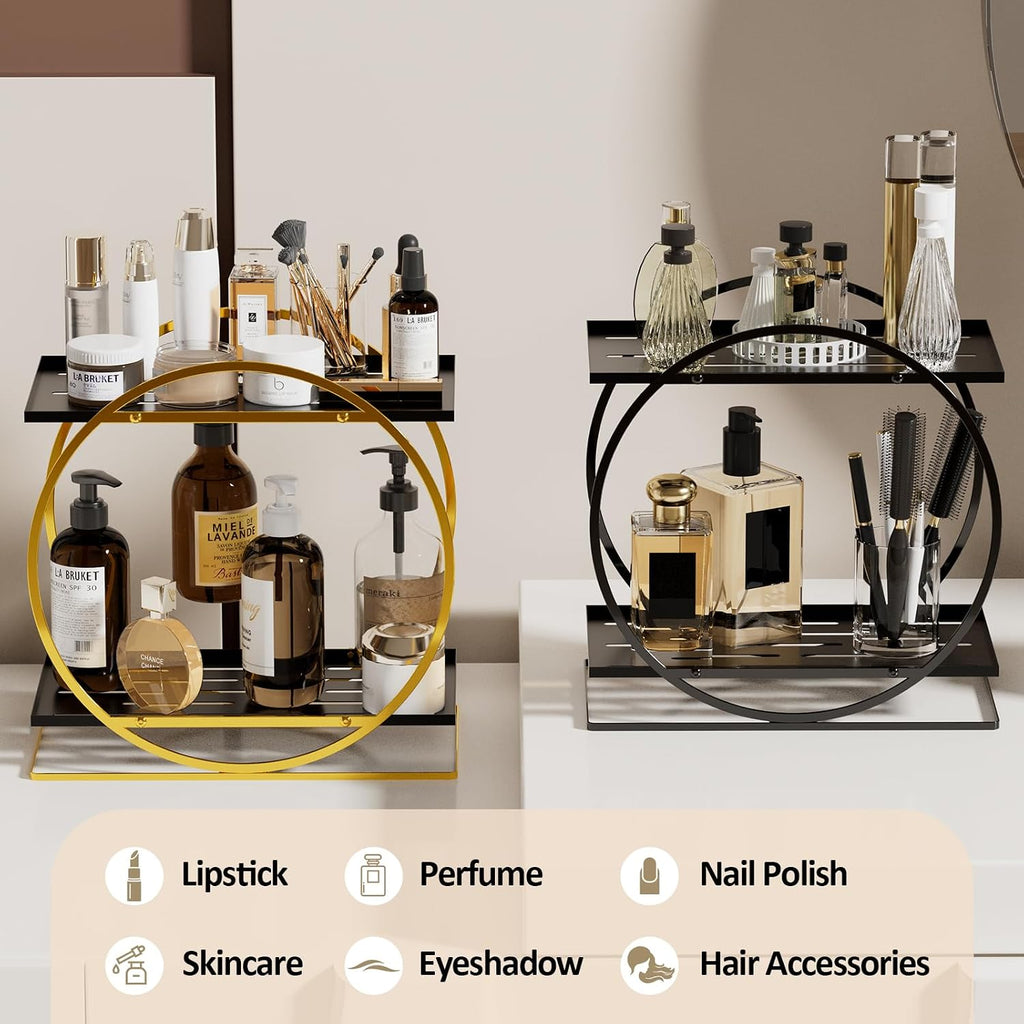 2 Tier Perfume Organizer for Dresser, Black Gold Perfume Makeup Perfume Stand Organizer for Vanity, Cosmetics Ideal Gift for Perfume Lovers-Black