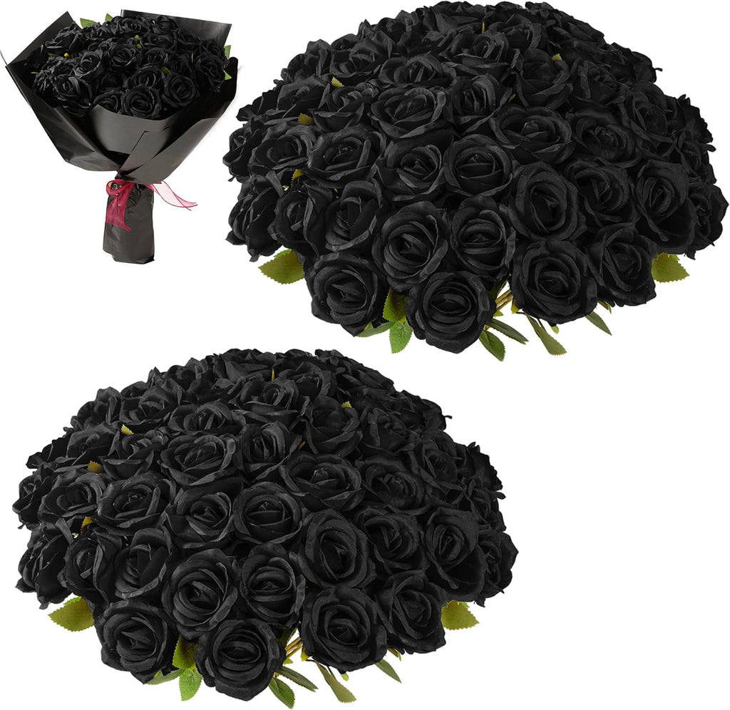Fanfantoey Black Roses Artificial Flowers Bulk, 52Pcs Fake Roses Flower Arrangement, DIY Silk Flowers Roses Bouquet, Realistic Faux Artificial Roses for Mother's Day Home Table Decor