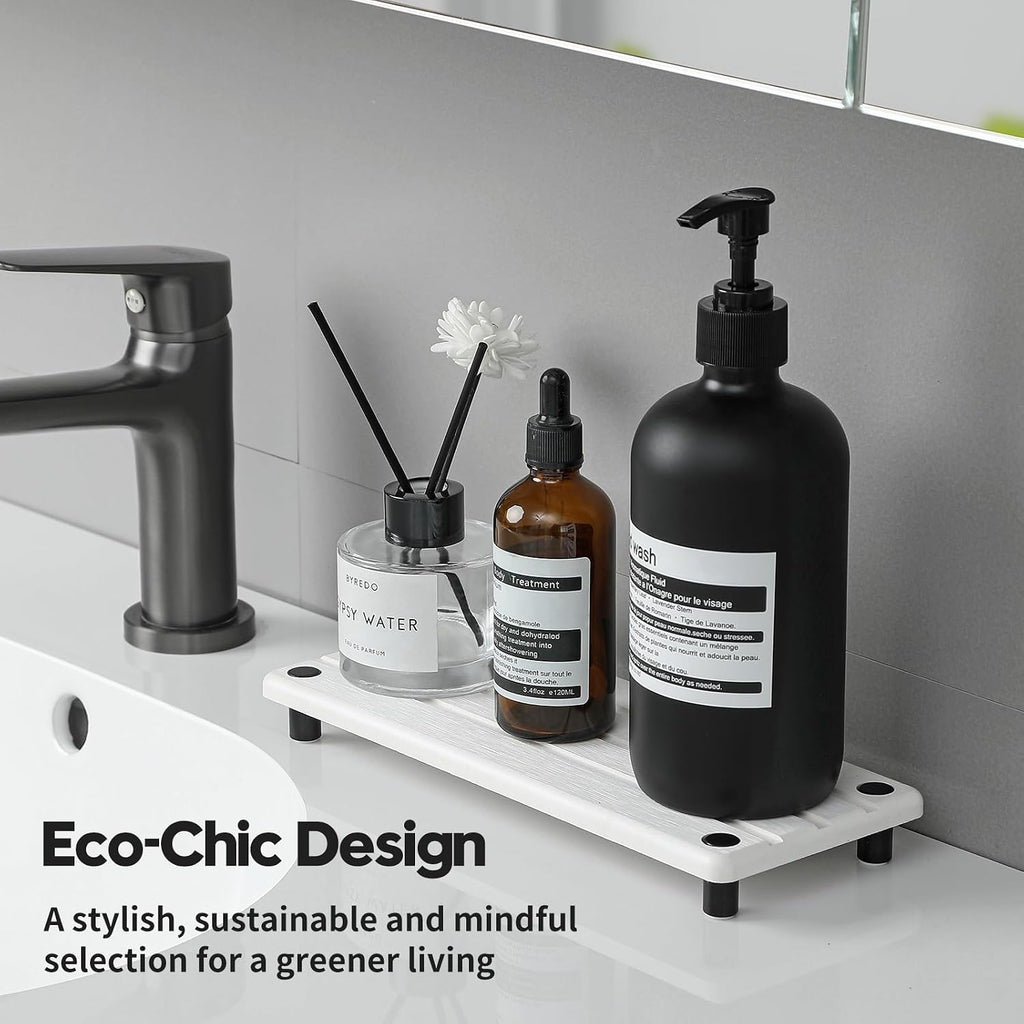 Razborci Instant Dry Sink Caddy Kitchen Sink Organizer, Quick Drying Diatomaceous Earth Stone Sink Tray Sponge Holder Soap Dish, Bathroom Countertop Vanity Dispenser Toothbrush Bottle, White, 10" x 4"