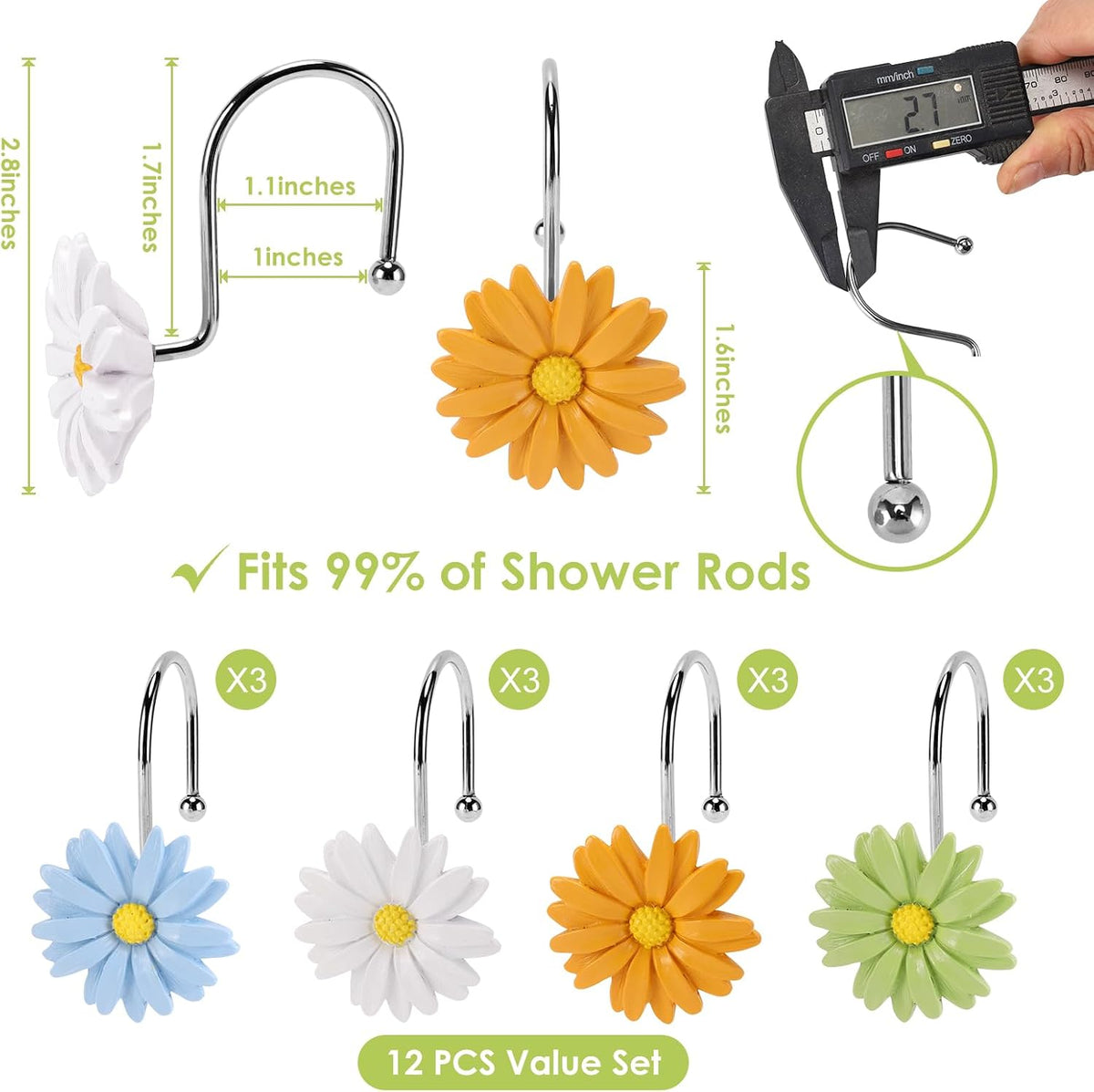 Flower Shower Curtain Hooks, 12 Pack Rustproof Stainless Steel Decorative, Bohemian Floral Bathroom Accessories for Curtain Rod and Shower Rod（Pastel Mix）