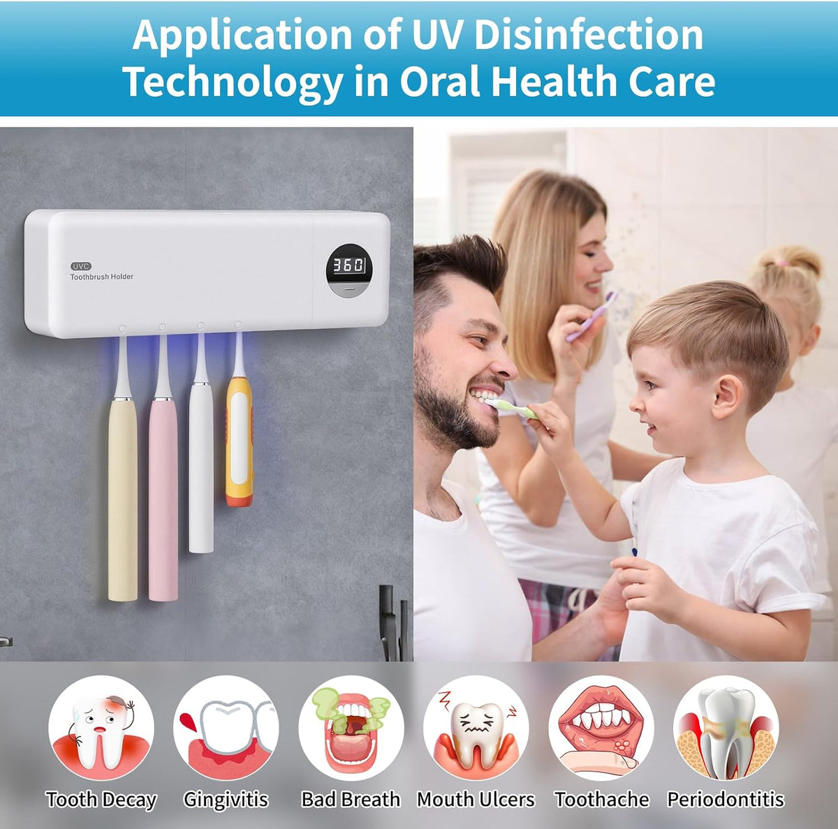 UV Toothbrush Sanitizer Holder w/Charger & 3 Premium Toothbrushes