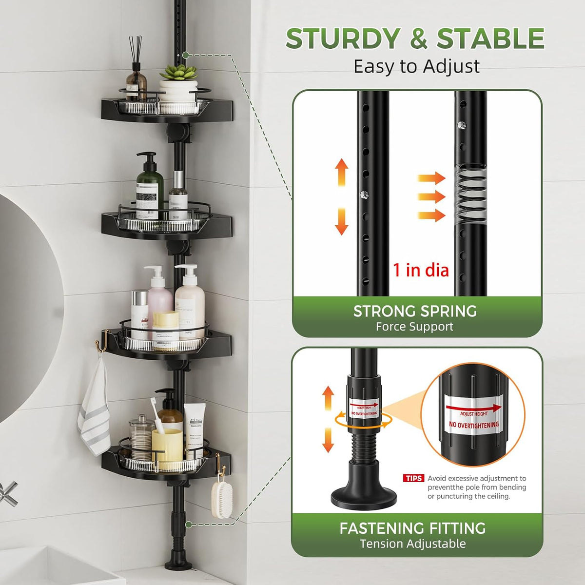 360°Rotating Corner Shower Caddy Organizer Tension Pole,Black