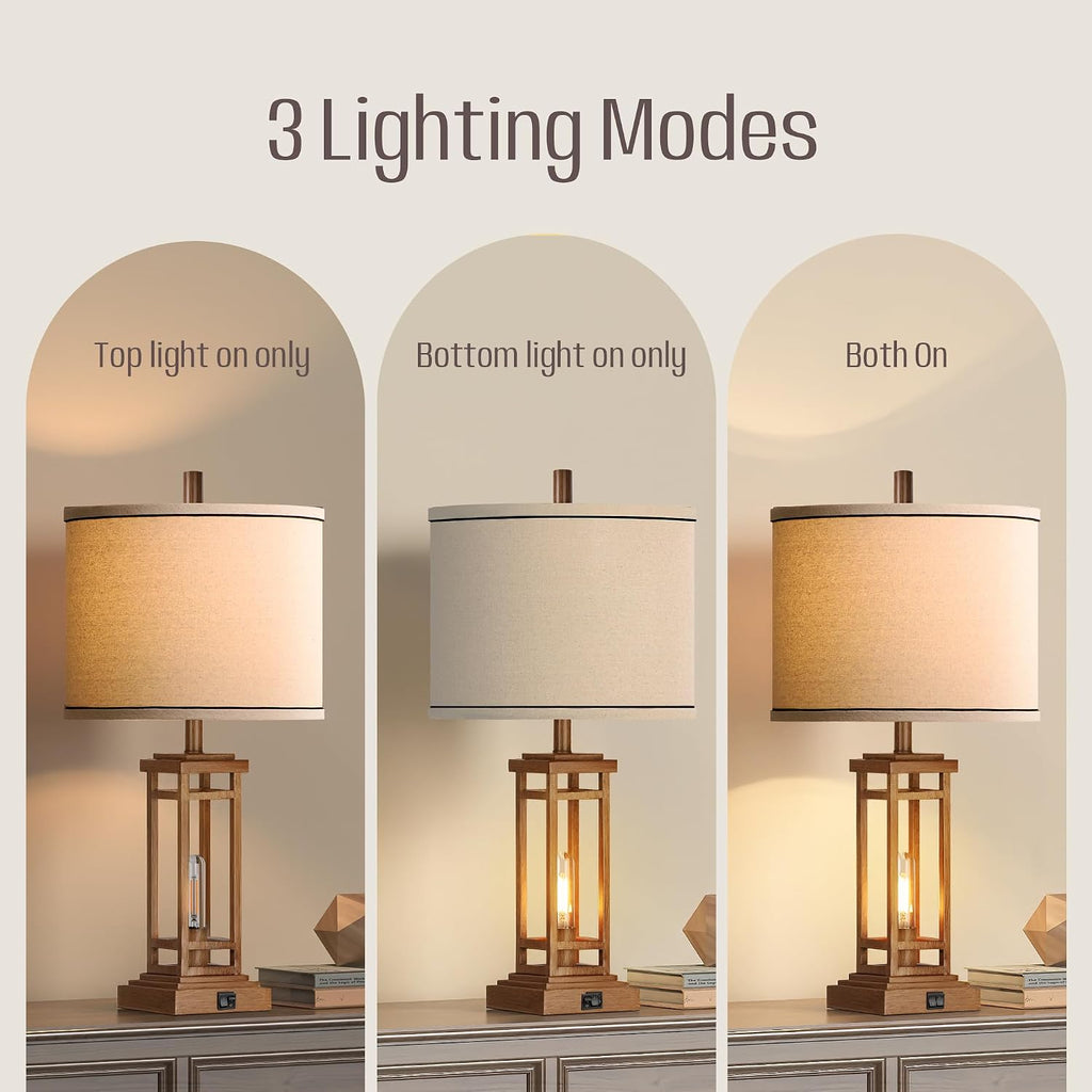 ROTTOGOON 27.5 Tall Farmhouse Table Lamps with USB C + USB A Charge Ports, Rustic Living Room Lamps Set of 2, Black Industrial End Table Lamp for Bedroom Living Room Nightstand (Wood)