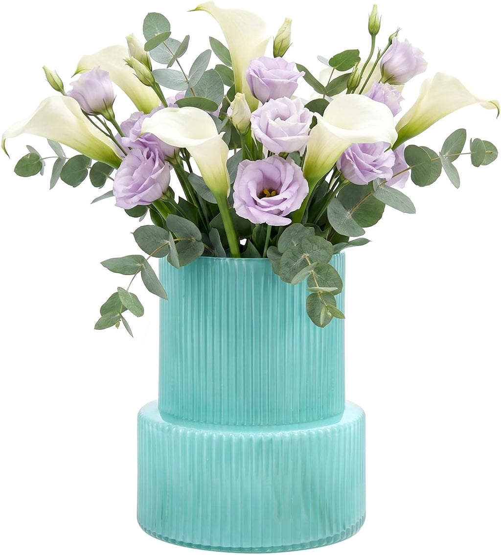 Green Ribbed Glass Vase, Modern Design Flower Vase