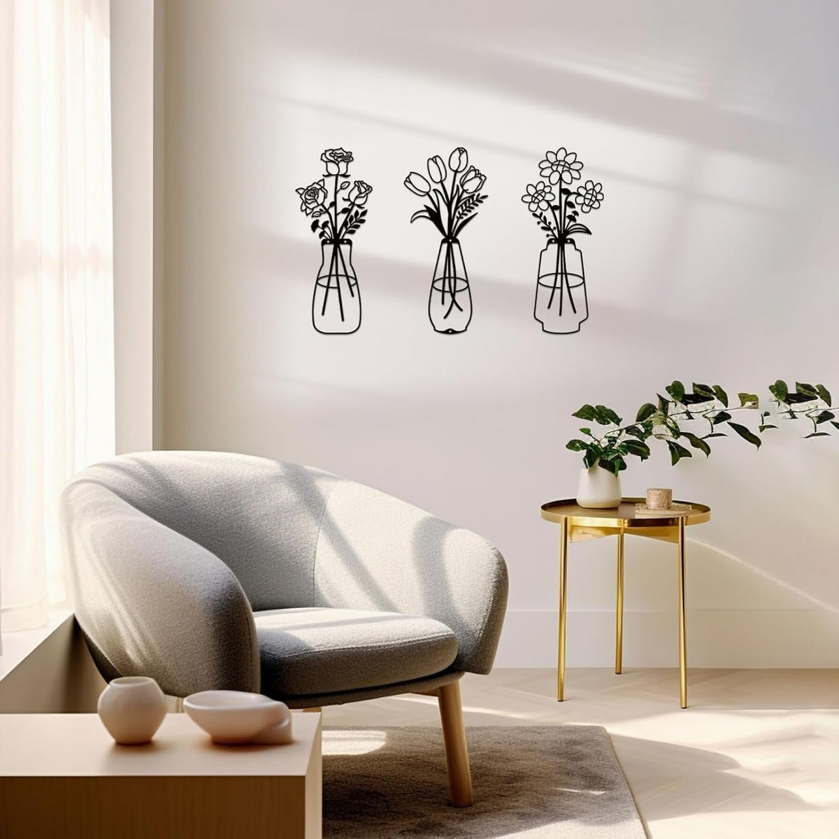 Jasscare Set of 3 Metal Flowers Wall Art, Matte Black Minimalist Line Art Floral Wall Decor, Modern Farmhouse Metal Wall Hanging for Living Room Bedroom Bathroom, Perfect Housewarming Gift for Home Decoration