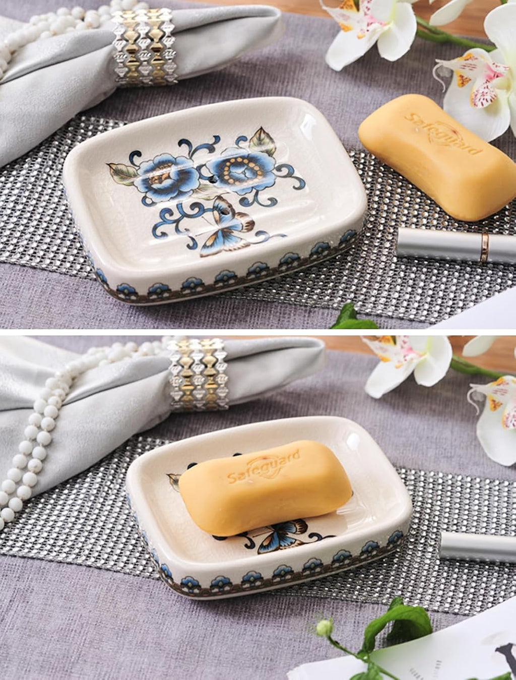 Kelake Ceramic Soap Dish Creative Ice Crack Ceramic Blue Butterfly and Flower Pattern Soap Dish Holder for Bathroom and Shower Soap Tray Box with Drain Gift for Mum Family