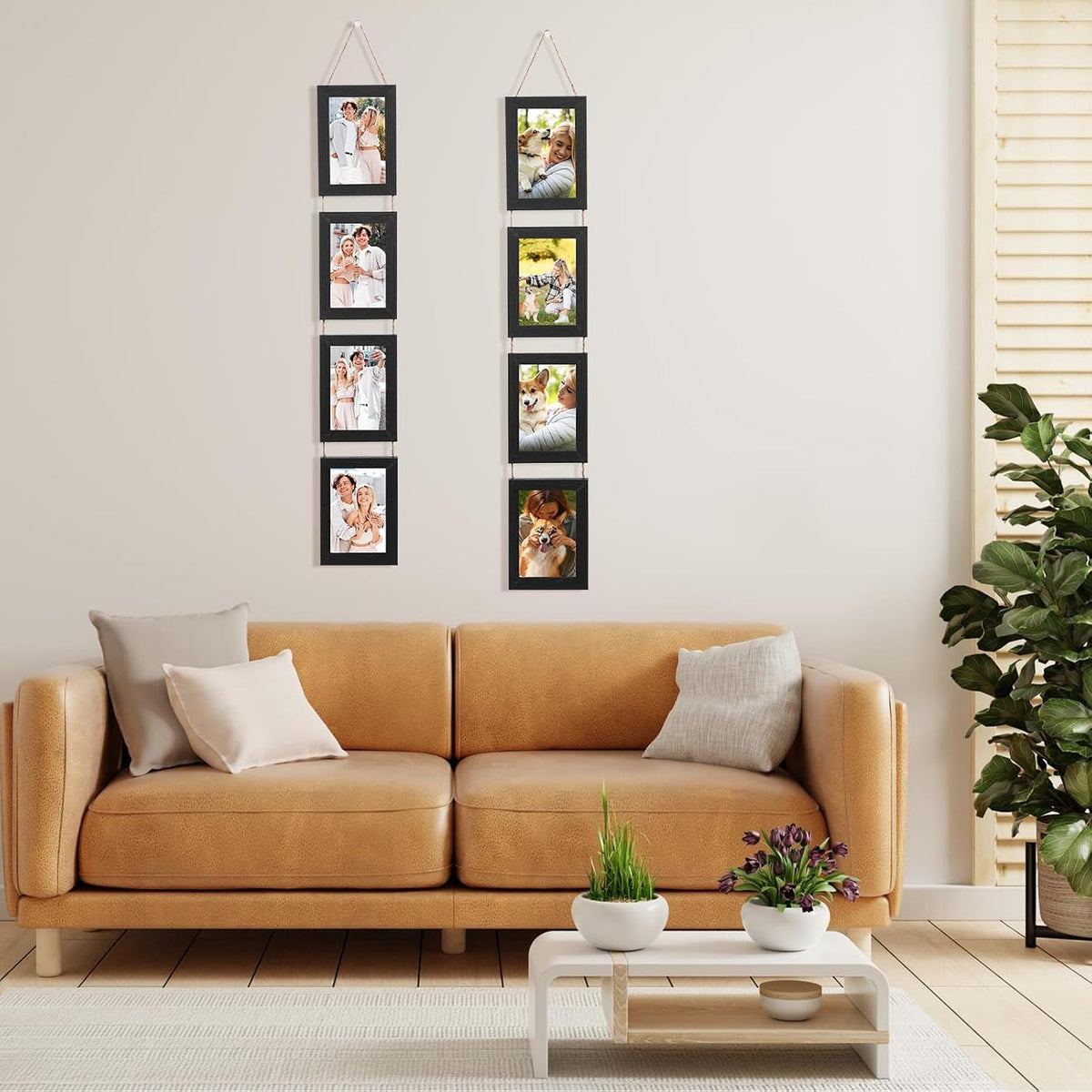 2 Pack Hanging Collage Picture Frames Set, 4 Openings Each For 4x6 Inch Photos, Vertical Multi Photo Display with String For Wall Decor