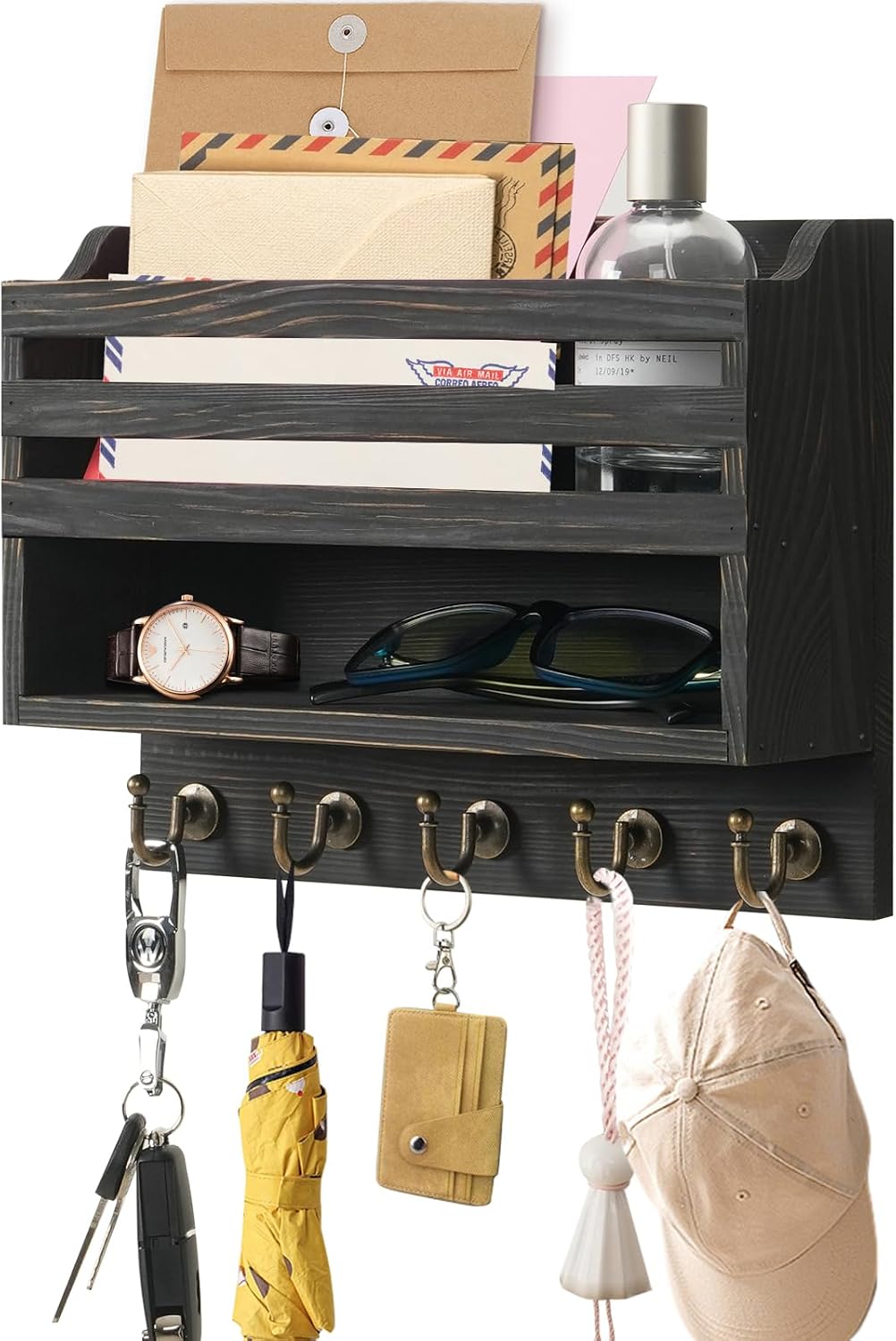 Key Holder Wall Mount with Mail Organizer, 5 Key Hooks, Black