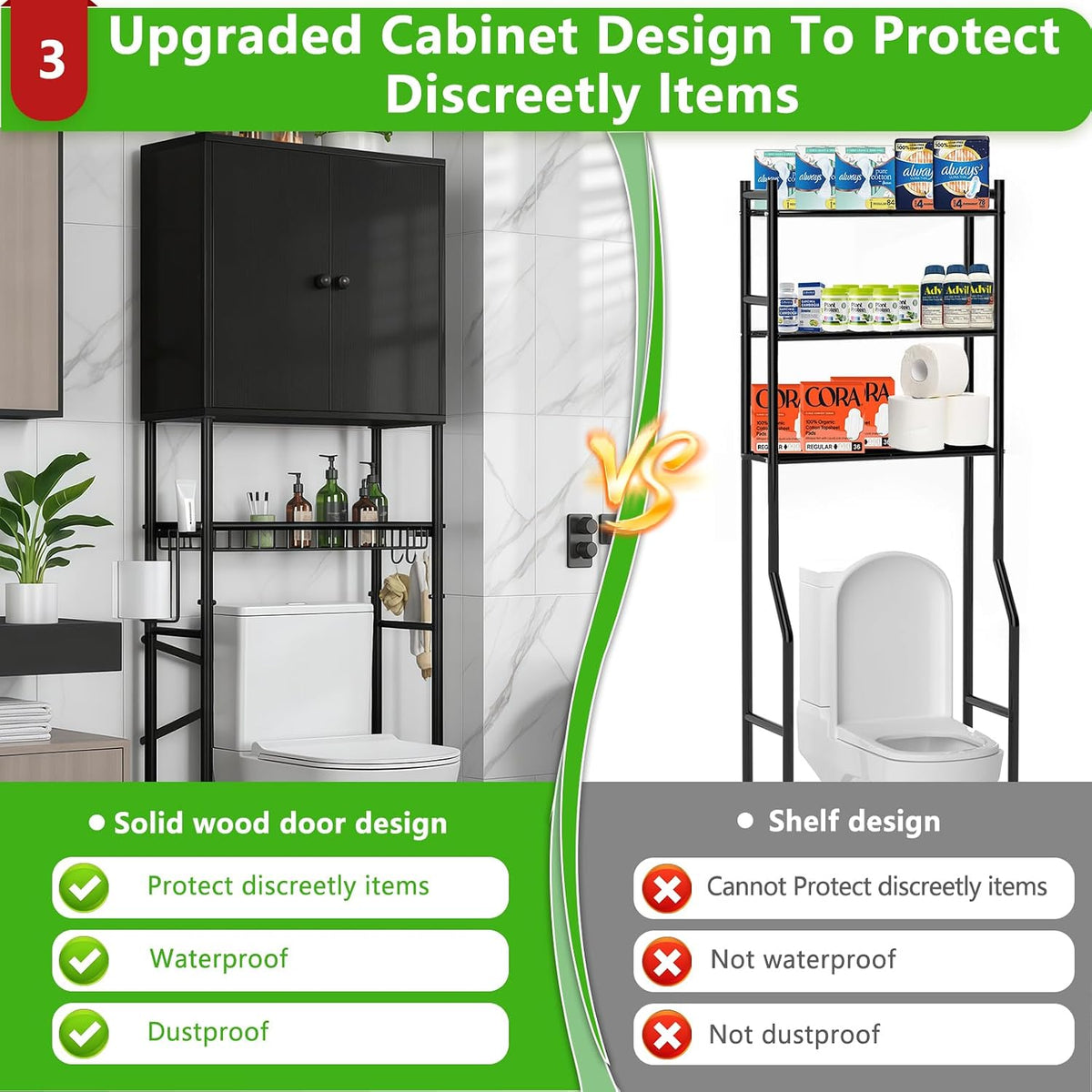 Over The Toilet Storage Cabinet - 2-Door Design Bathroom Organizers Shelf, Freestanding Space-Saver Above Toilet Storage Cabinet with Privacy Protection Rack, Water-Resistant Toilet Shelves (Black)