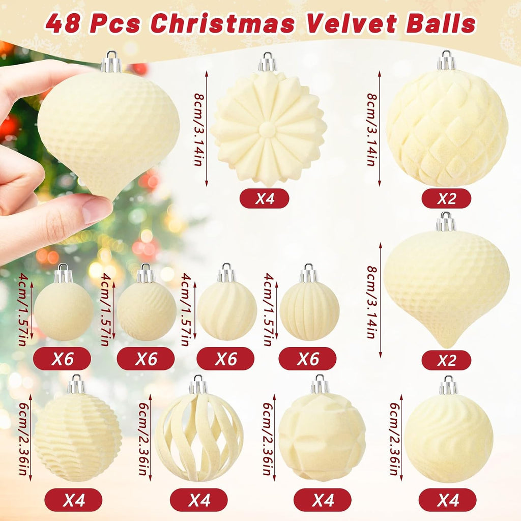 48 Pcs Velvet Christmas Ball Ornaments Set for Xmas Tree Decor(Cream Yellow