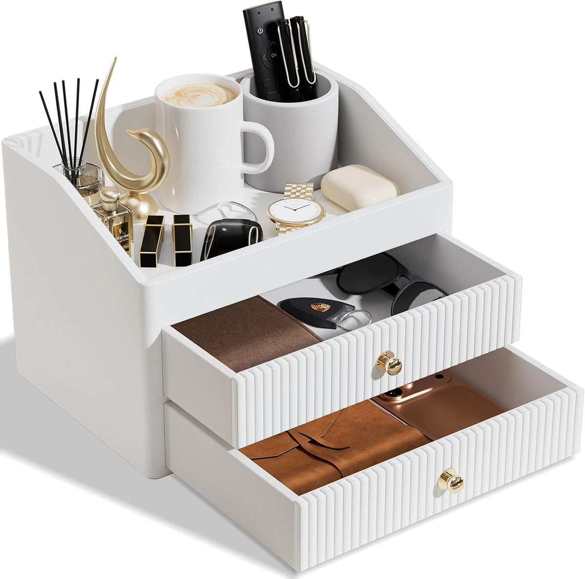 LADSTAG Desk Organizer,Beige White Vegan Leather Desk Accessories & Workspace Organizers with 2 Drawers & Tray,Key Holder with Gold-Tone Metal Accents knob，Jewelry Box,Nightstand