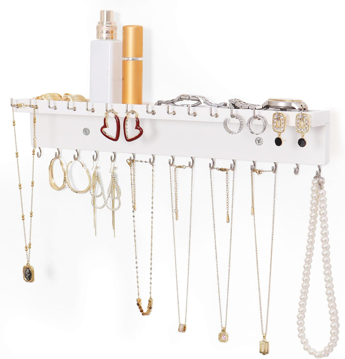 Necklace Holder Wall Mount,Jewelry Organizer with 30 Hooks,White