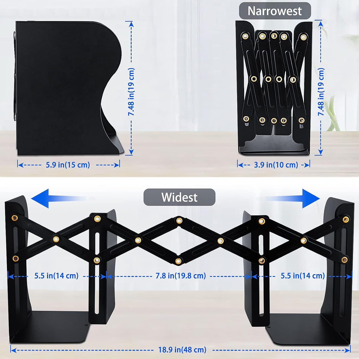 Non Skid Book Ends to Hold Books, Carooyac Metal Adjustable Book Ends Decorative Bookends for Home Office, Heavy Duty Kids Bookshelf Magazine Holder Book Organizer for Desk