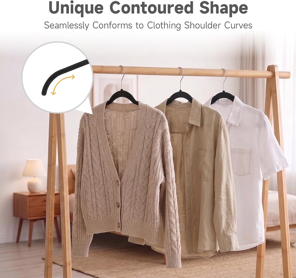 Whitmor Spacemaker Velvet Clothes Hangers, Non-Slip Flocked Dress & Shirt Hangers with Contoured Shoulders, Slim Space Saving Closet Hangers with Chrome Hook, Black, 10 Pack