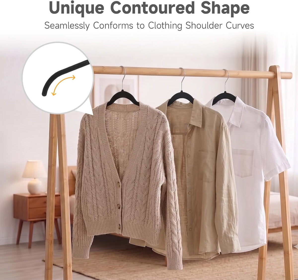 Whitmor Spacemaker Velvet Clothes Hangers, Non-Slip Flocked Dress & Shirt Hangers with Contoured Shoulders, Slim Space Saving Closet Hangers with Chrome Hook, Black, 10 Pack