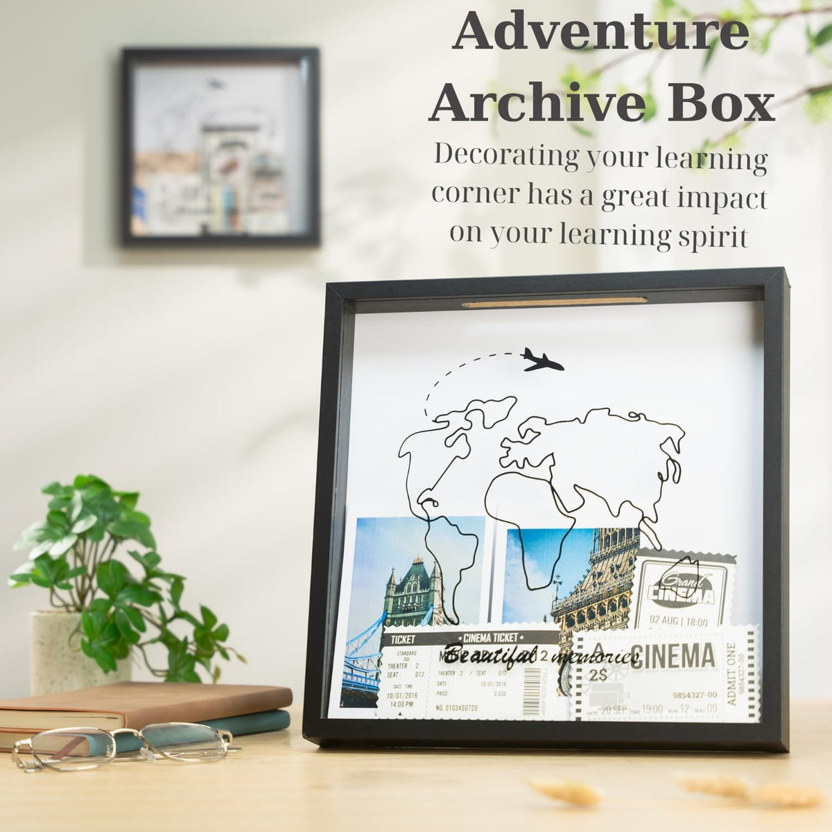 Adventure Archive Box, Travel Shadow Box with Slot, Shadow Box with Slot, Black and White, Store Memories: Money from Different Countries, Photos, Plane Tickets, Movie Tickets (Black, 8x8)