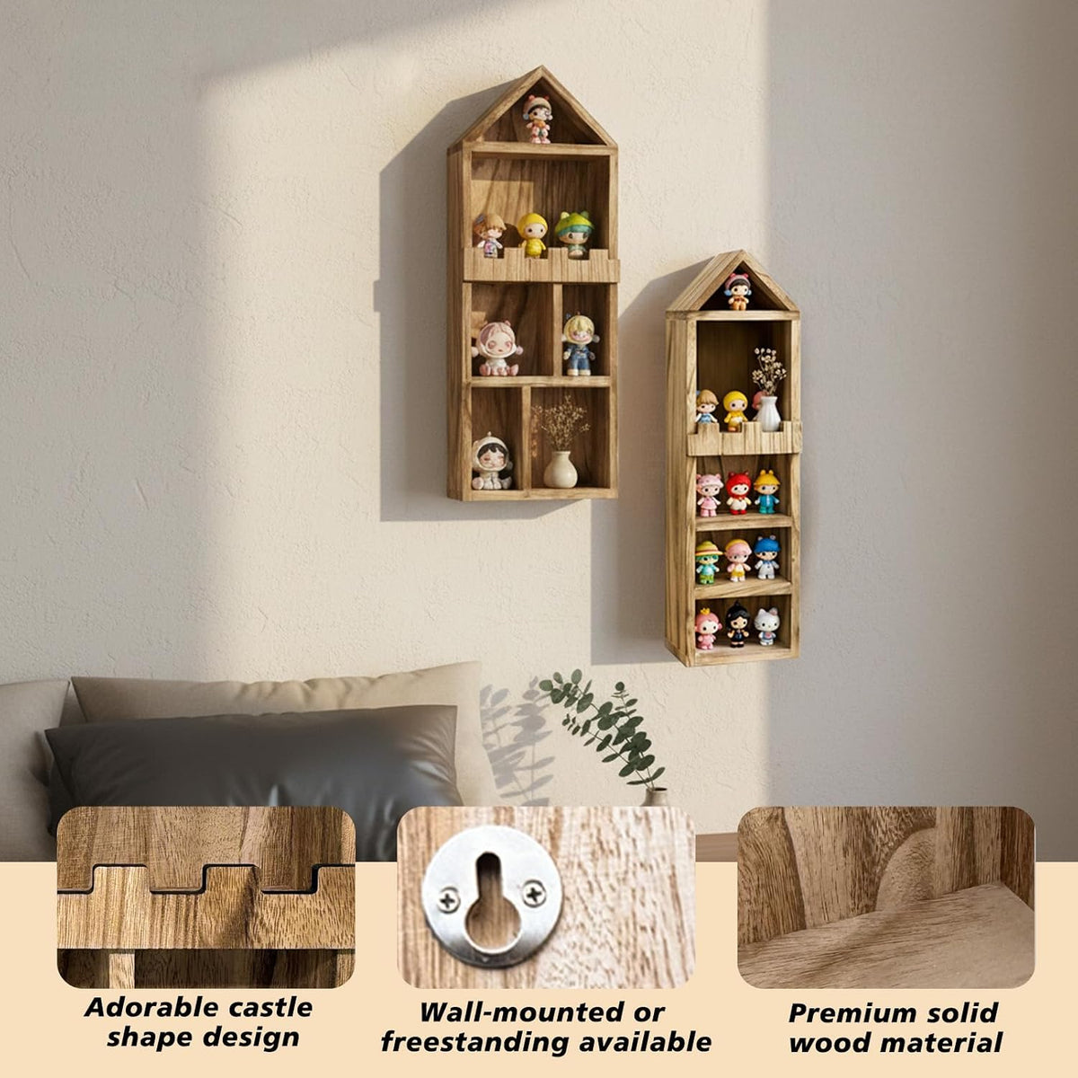 Rustic Wood Trinket Shelf,House and Castle Design Shadow Cubby Box(2 Pack)