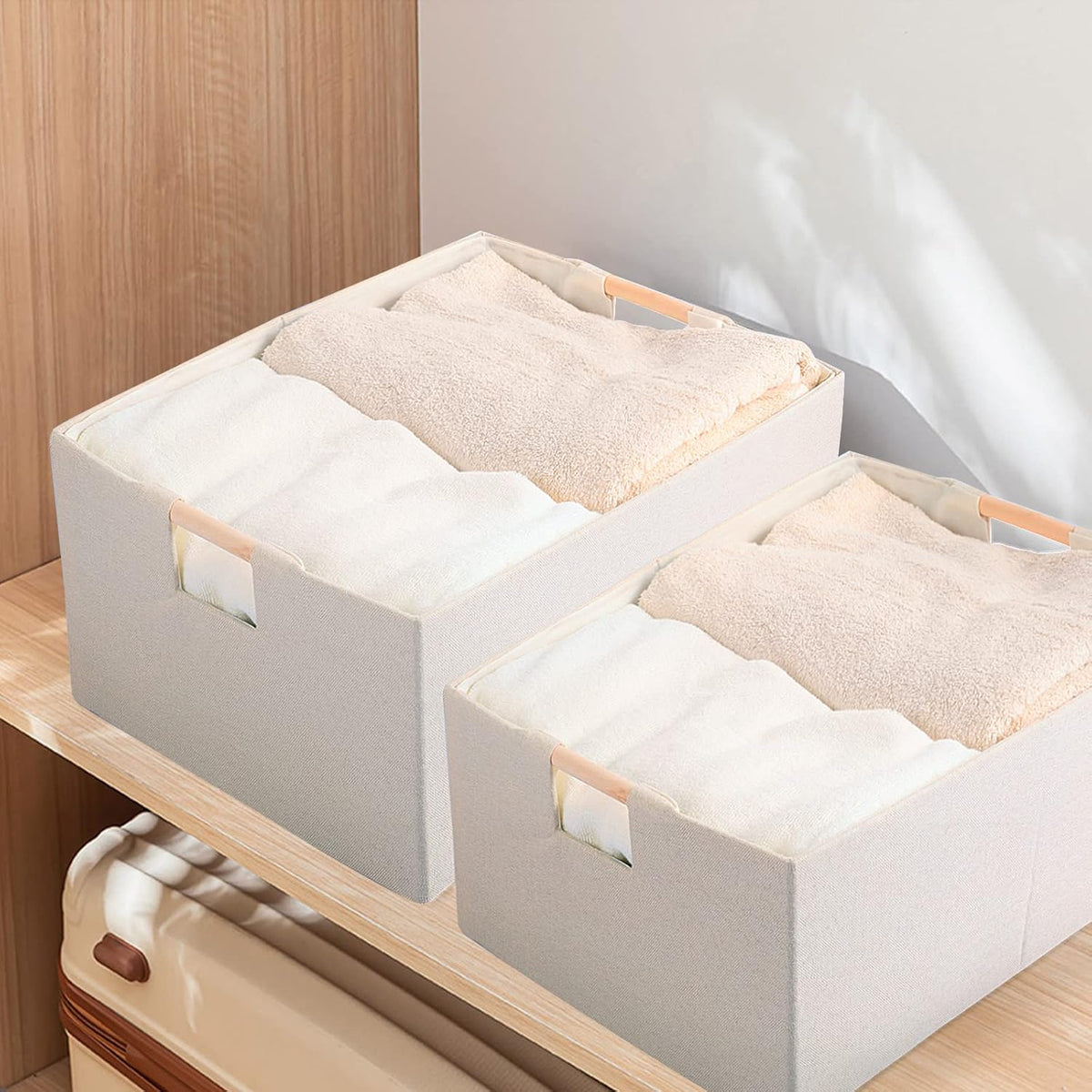 Fabric Storage Bin Box Foldable Cotton Linen Storage Basket with Wooden Handles Rectangular Cube Decorative Home Laundry Organizer Clothes Blanket Container – Beige, Medium