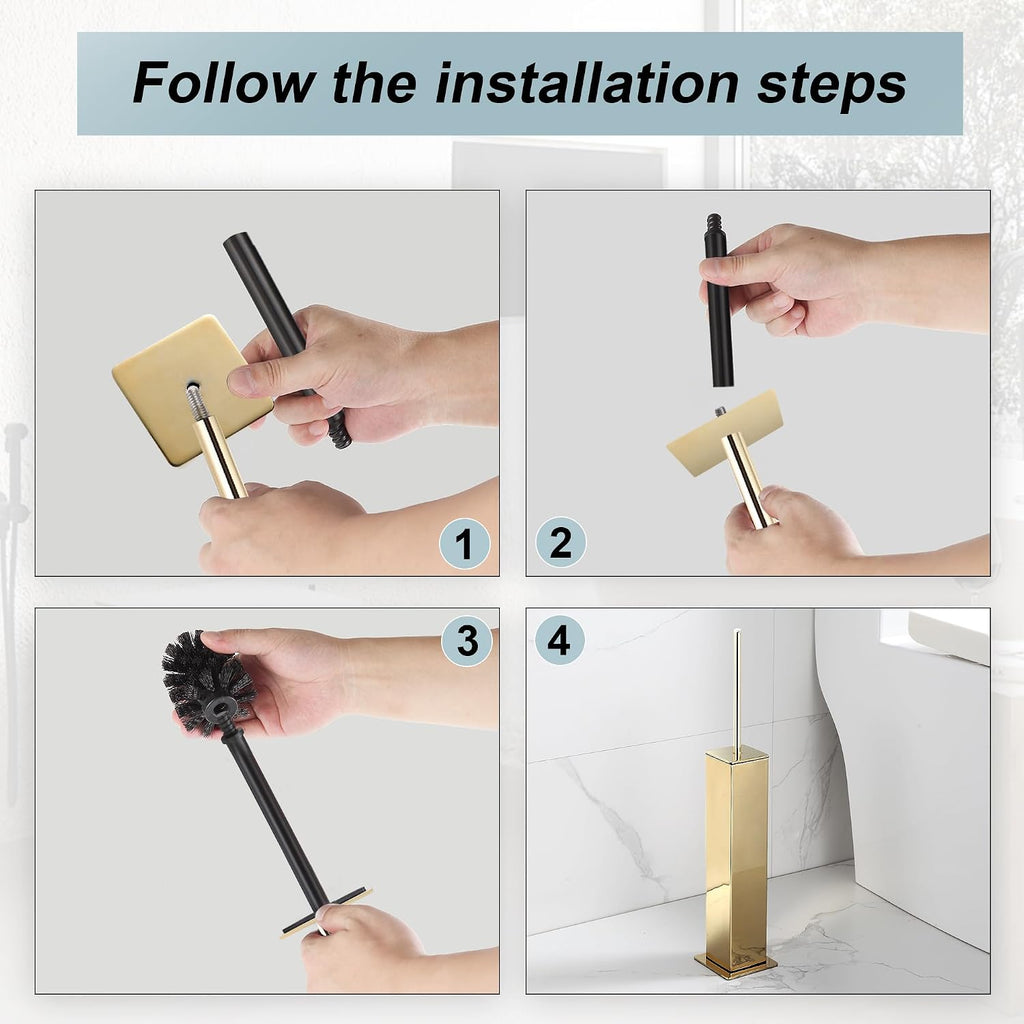 Gold Toilet Brush with Holder 304 Stainless Steel Toilet Bowl Brush, Square Bathroom Cleaner Brush