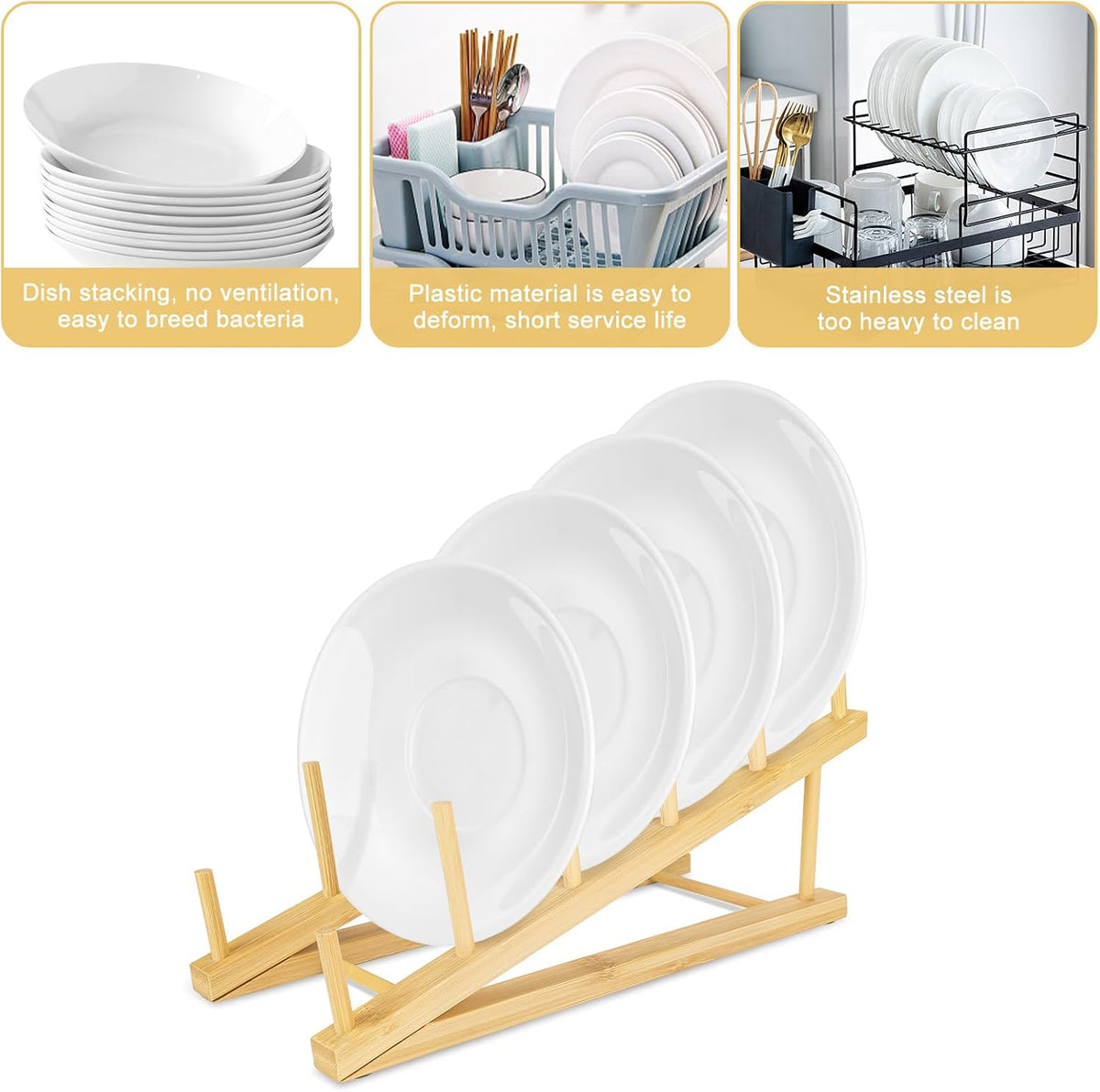 6 PCS Plate Stands for Display, Wooden Dish Drying Rack, 5-Tier Plate Holder Cabinet Organizer Craft Show Display Stands for Tabletop Book Artwork Photo Record Magazine and Platter