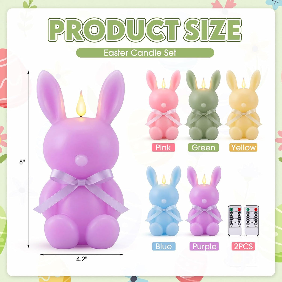 Baquler 5 Pcs Large Easter Bunny Led Flameless Candle 8 Inch Battery Operated Candles with Remote Real Wax Cute Rabbit Shape Candle with Bow 3D Flickering for Gift Home Party Decor (Spring Colors)