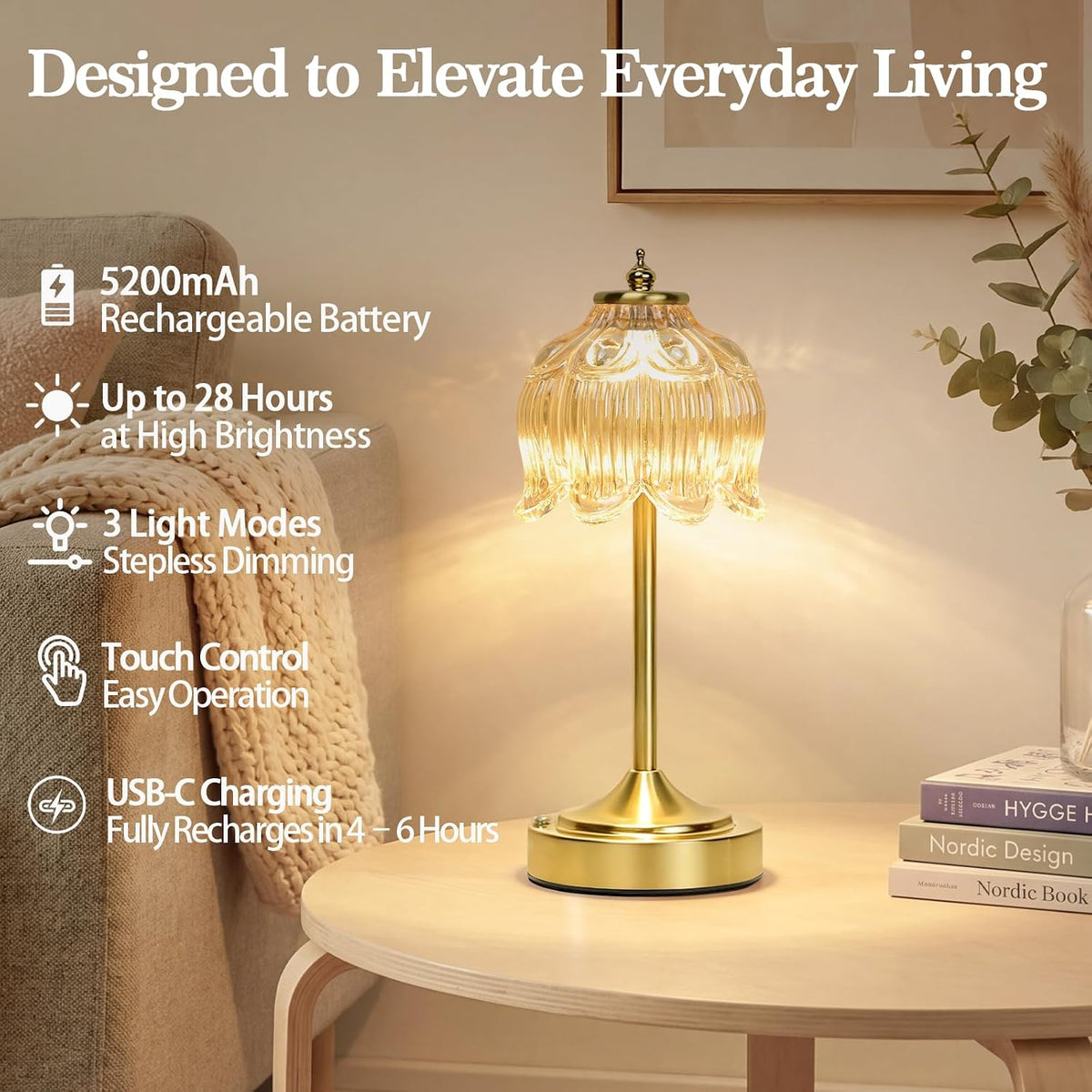 Amber Glass Flower Lamp, Rechargeable Cordless Table Lamp