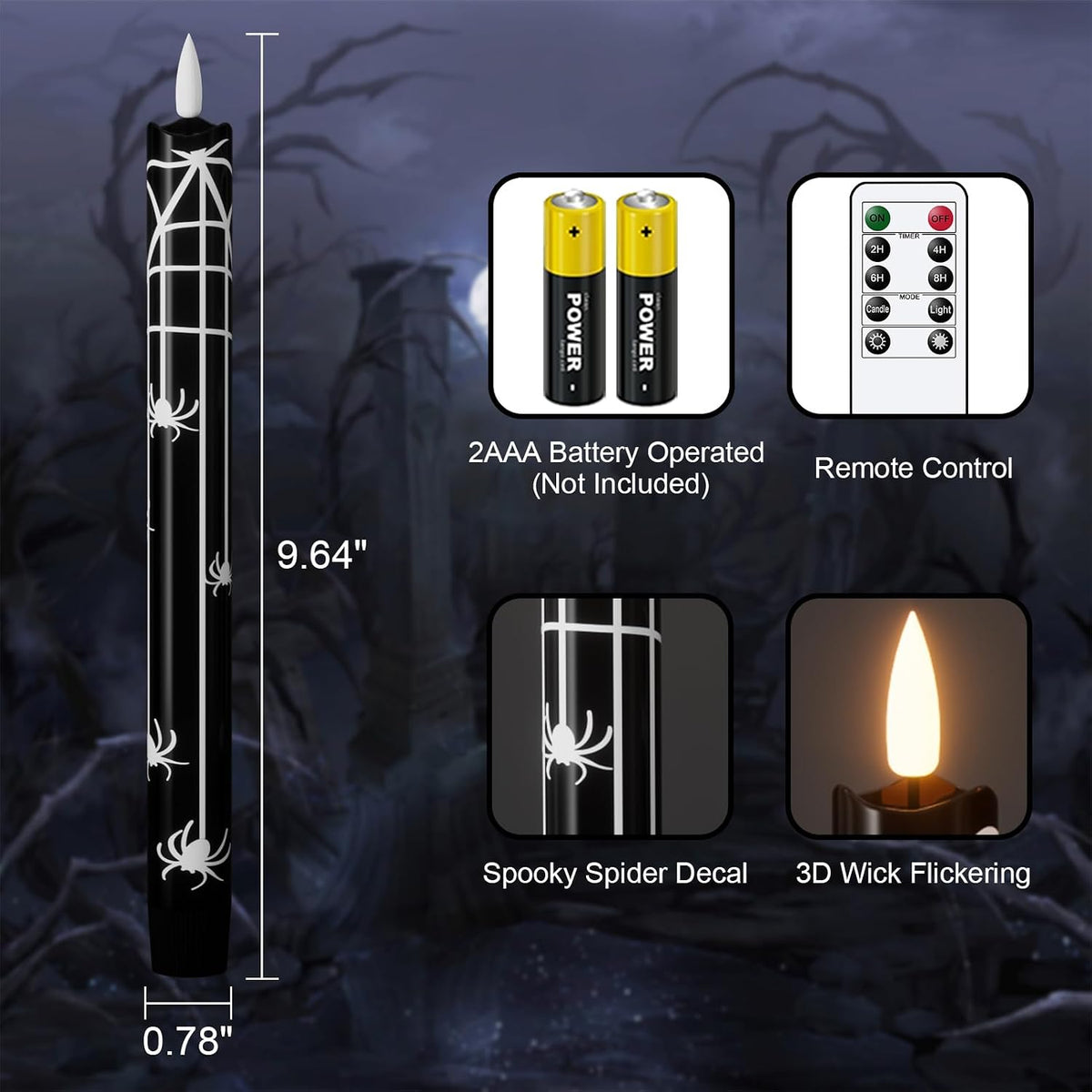 Eldnacele Halloween Spider Decal Flameless Taper Candles with Remote Timer