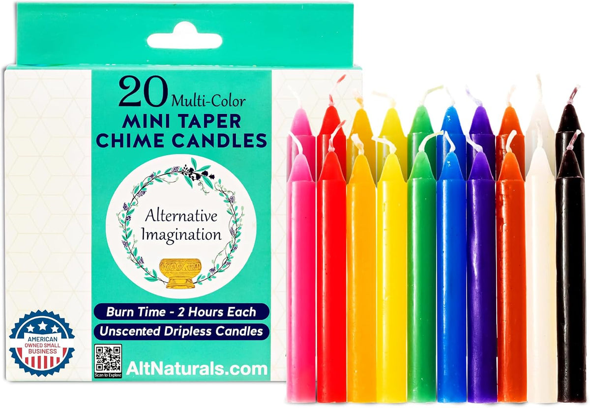 Alternative Imagination Colored Chime Candles - 20 Pack of Unscented 4 Inch Mini Taper Candles - Dripless Long Burning Ritual Candles for Meditation, Spell Work, Birthdays, Ceremonies & Home Decor